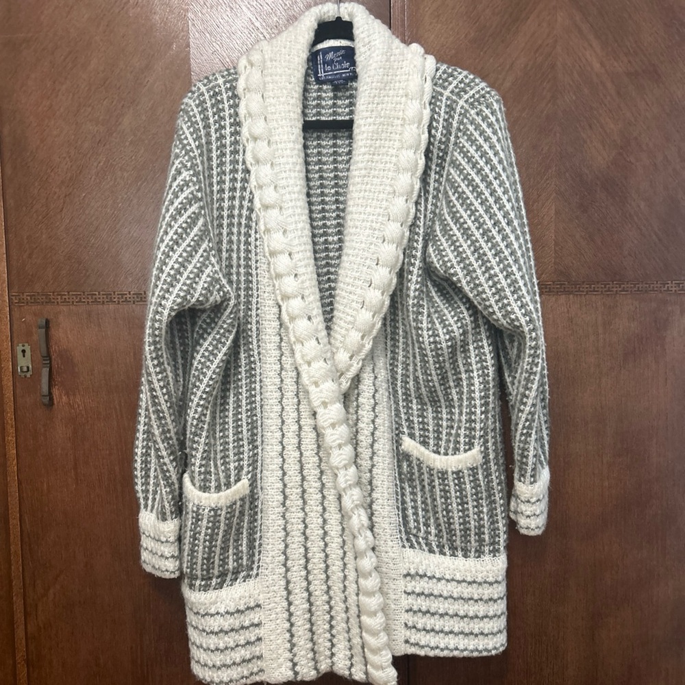 Monte par le Chois Gray White Striped Chunky Knit Cardigan Jacket Size M